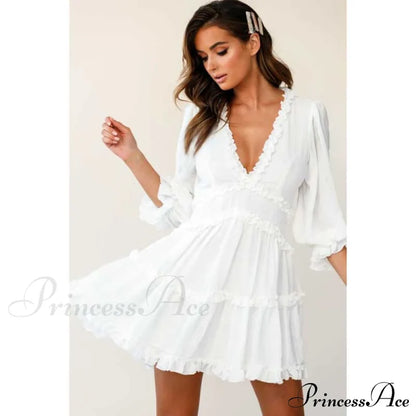 Party Gown Harlow Backless Design V-Neck Mini - Warm-Season Ruffle Women’s Flowered Dress White / S
