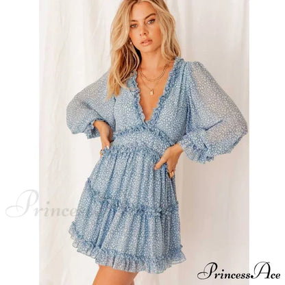 Party Gown Harlow Backless Design V-Neck Mini - Warm-Season Ruffle Women’s Flowered Dress Sky