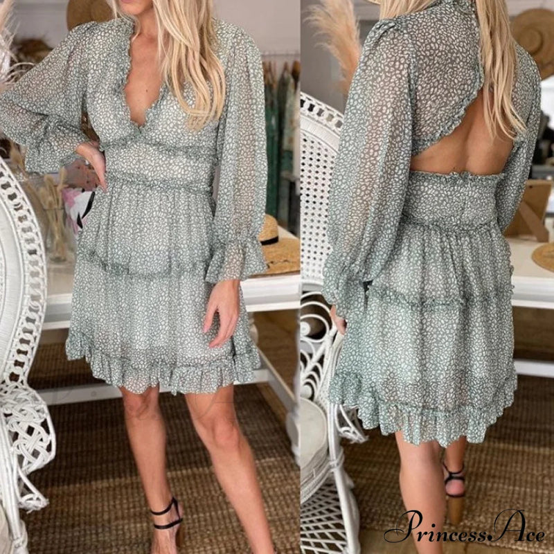 Party Gown Harlow Backless Design V-Neck Mini - Warm-Season Ruffle Women’s Flowered Dress Green / S