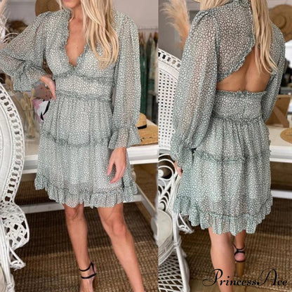Party Gown Harlow Backless Design V-Neck Mini - Warm-Season Ruffle Women’s Flowered Dress Green / S