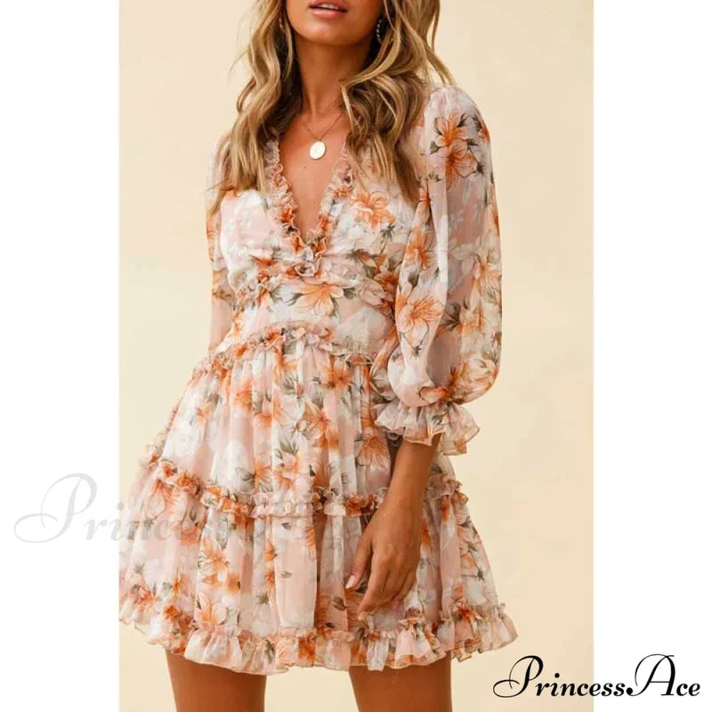 Party Gown Harlow Backless Design V-Neck Mini - Warm-Season Ruffle Women’s Flowered Dress Orange / S