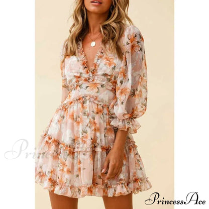 Party Gown Harlow Backless Design V-Neck Mini - Warm-Season Ruffle Women’s Flowered Dress Orange / S