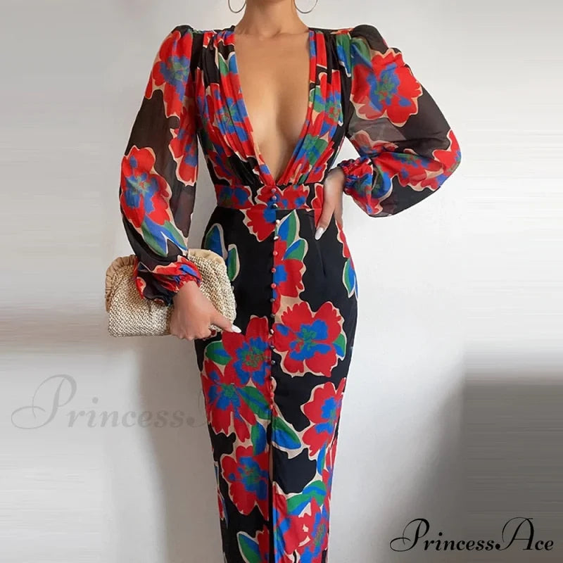 Party Slit - Design with and Elegant Gown Full-Length V-Neck Women's Dress