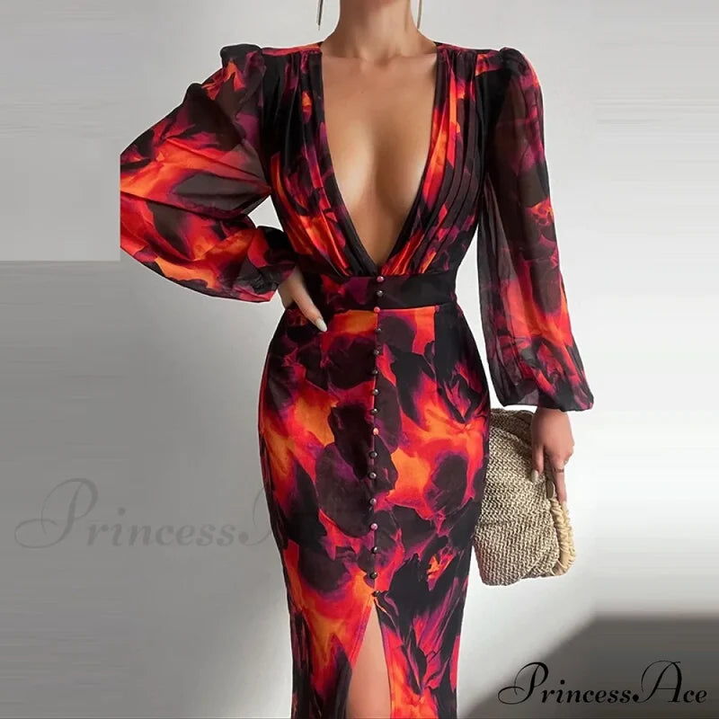 Party Slit - Design With And Elegant Gown Full-Length V-Neck Women’s Dress Yellow-Black / S
