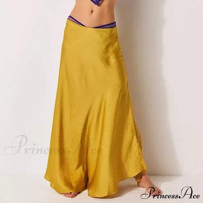 Patchwork Lace Midi Low Waist Summer Skirt Yellow / S