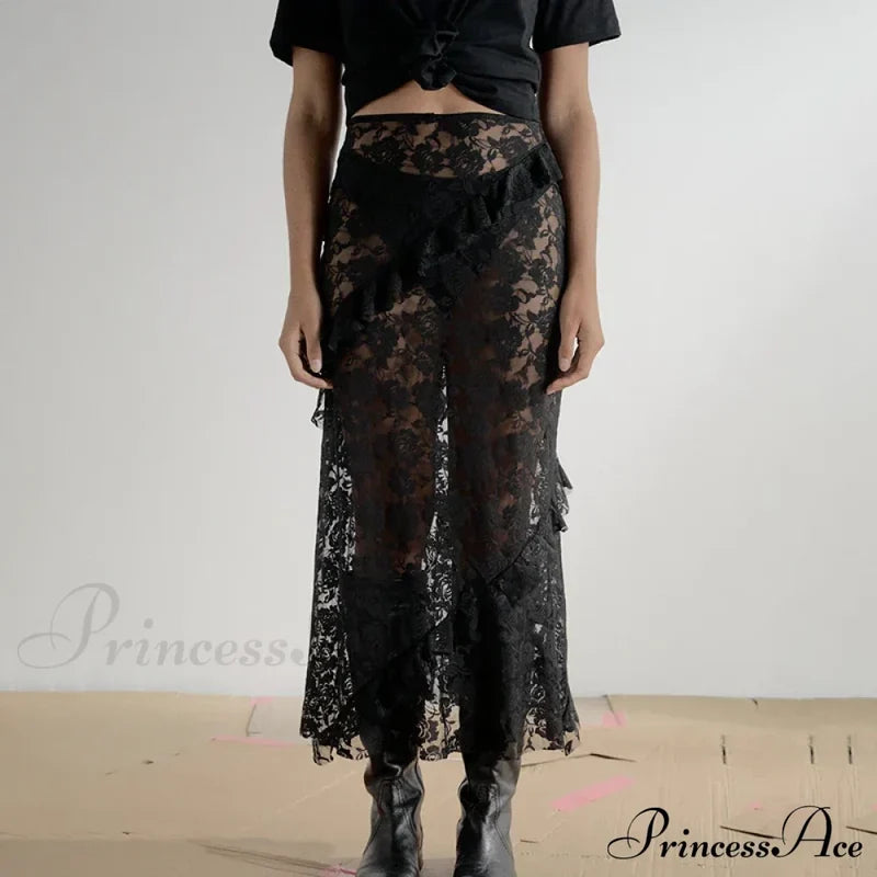 Patchwork Party Lace Ruffled See-Through Maxi Skirt