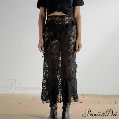 Patchwork Party Lace Ruffled See-Through Maxi Skirt