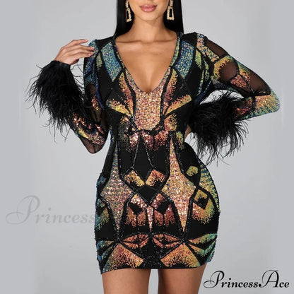 Patchwork Print Skinny Ostrich Feather Sequins Party Dress L / Black Dresses
