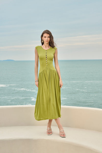 Pearl-button gathered maxi dress