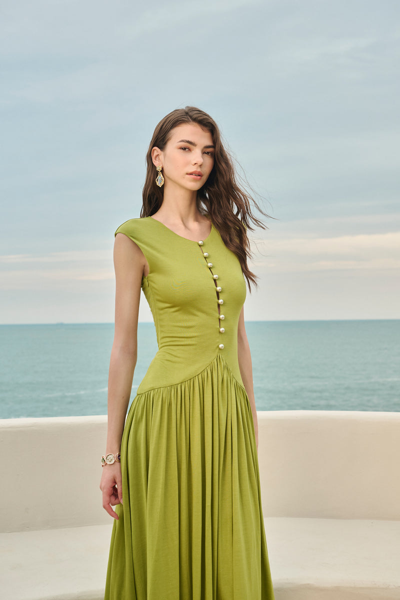 Pearl-button gathered maxi dress