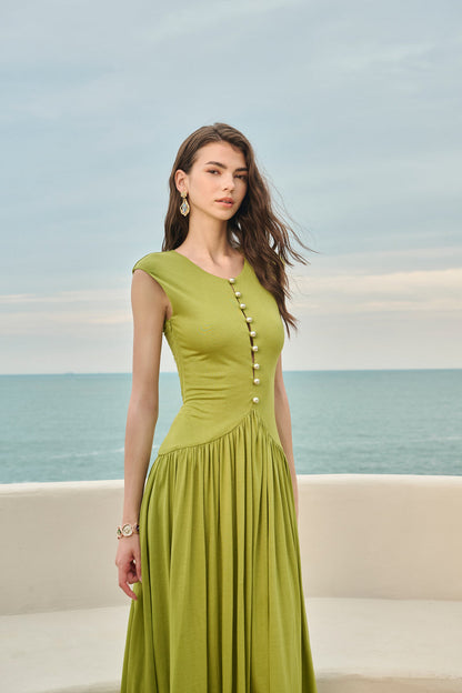 Pearl-button gathered maxi dress