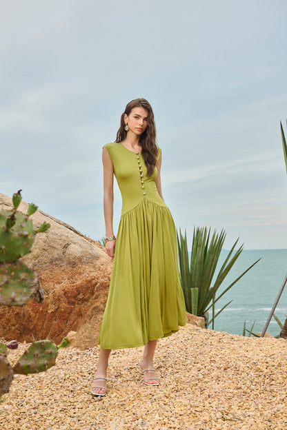 Pearl-button gathered maxi dress