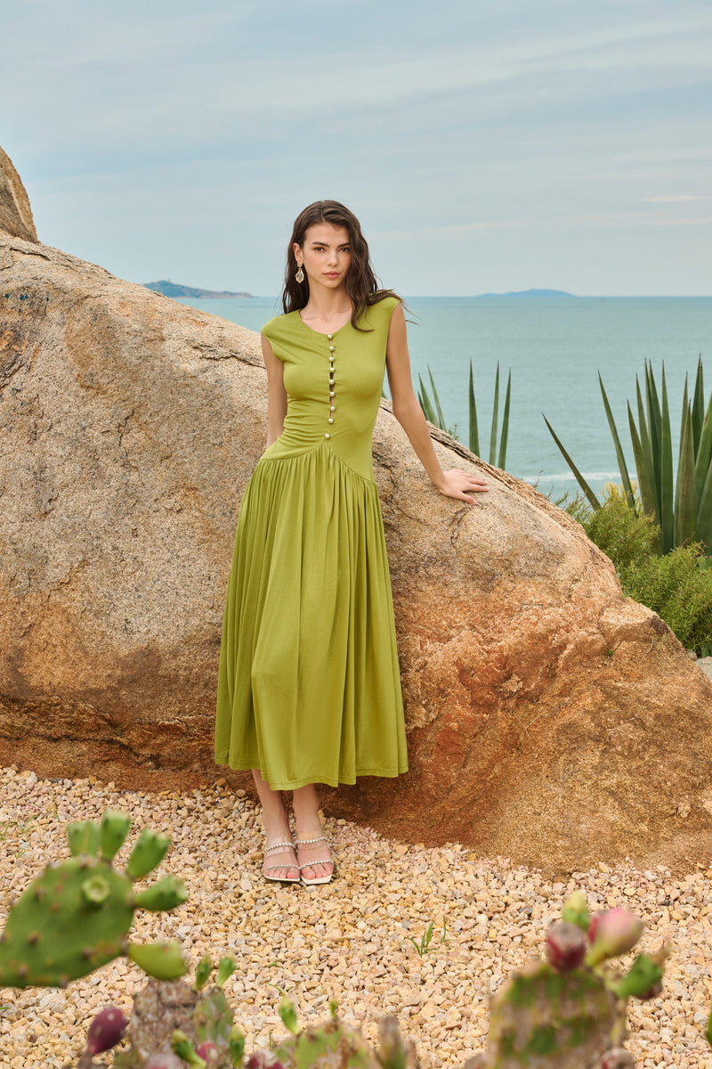 Pearl-button gathered maxi dress