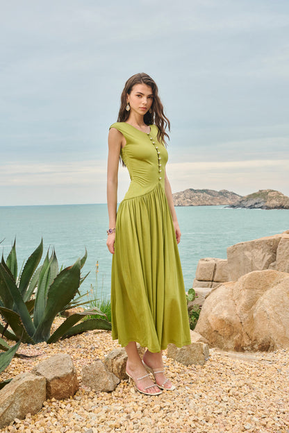 Pearl-button gathered maxi dress