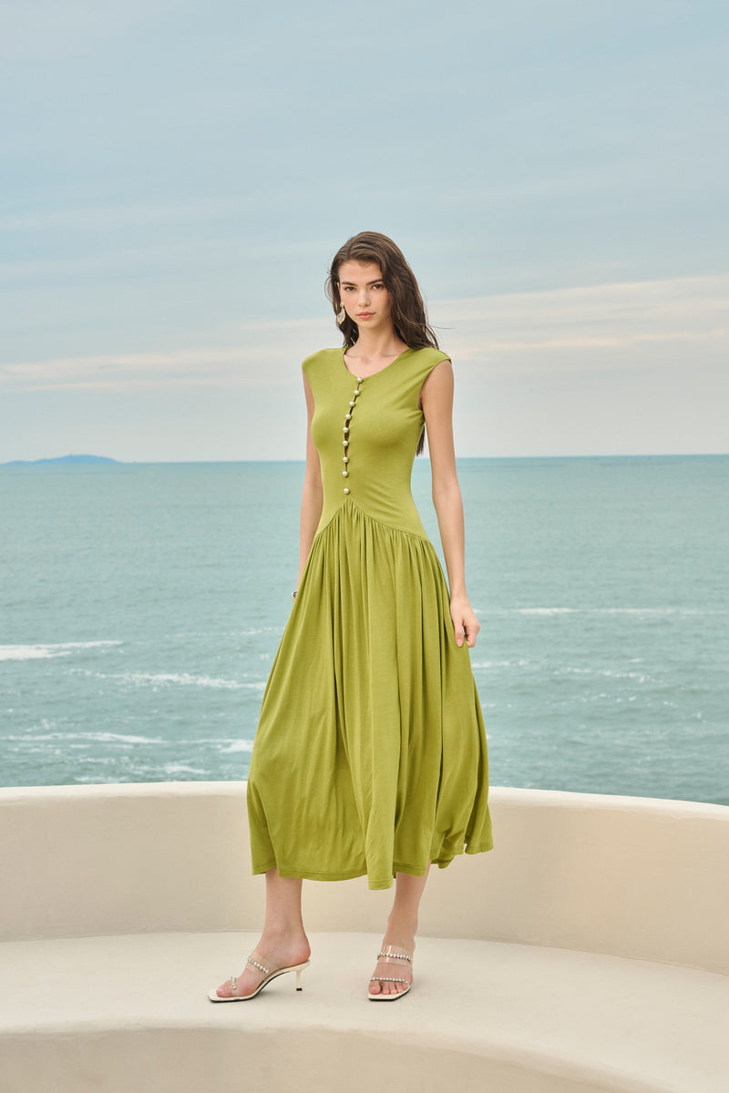 Pearl-button gathered maxi dress
