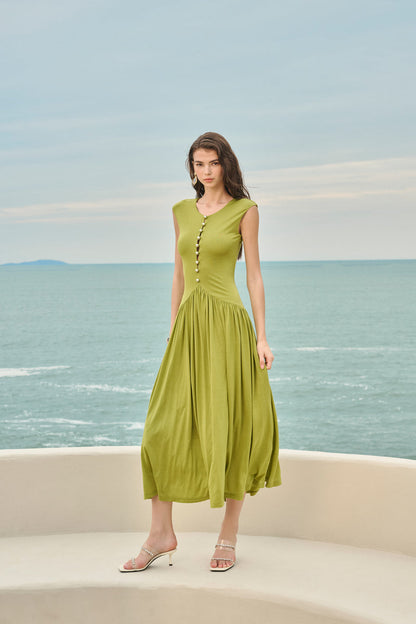 Pearl-button gathered maxi dress