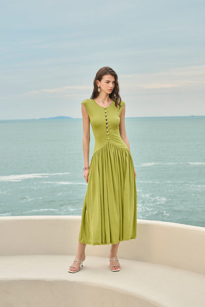 Pearl-button gathered maxi dress