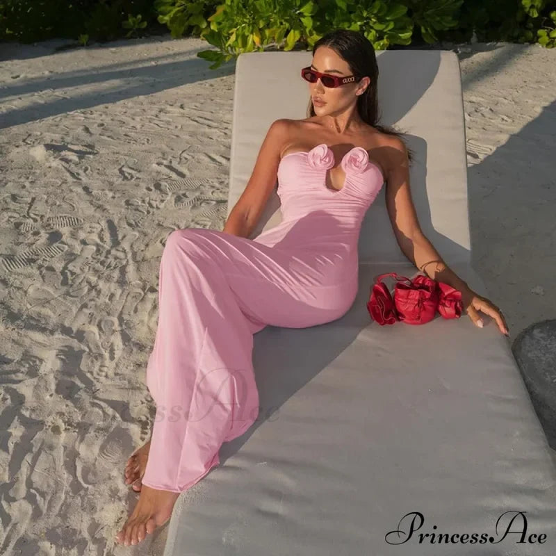 Pink 3D Floral-Applique Charming Strapless Maxi Dress Long