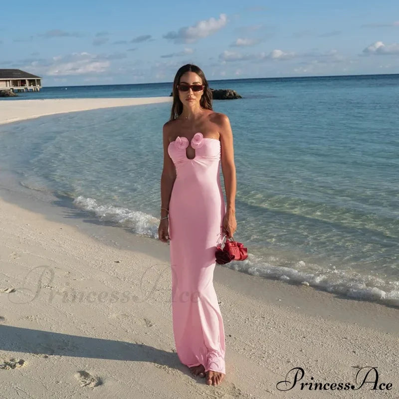 Pink 3D Floral-Applique Charming Strapless Maxi Dress Long
