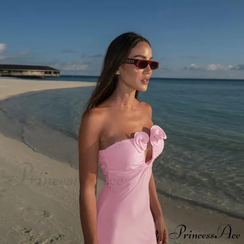 Pink 3D Floral-Applique Charming Strapless Maxi Dress Long