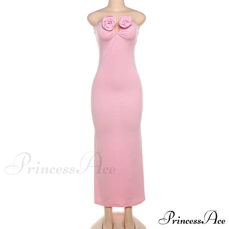 Pink 3D Floral-Applique Charming Strapless Maxi Dress Long