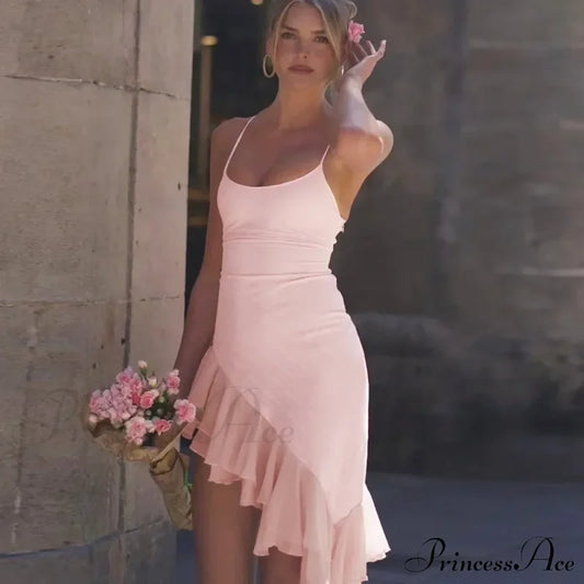 Pink Asymmetric Frill Charming Trim Cami Mini Dress