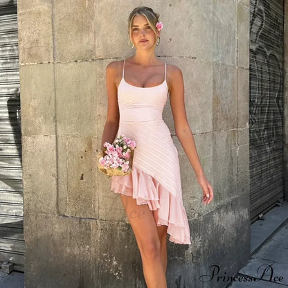 Pink Asymmetric Frill Charming Trim Cami Mini Dress