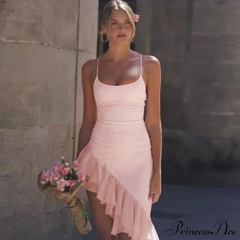 Pink Asymmetric Frill Charming Trim Cami Mini Dress