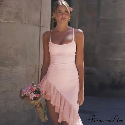 Pink Asymmetric Frill Charming Trim Cami Mini Dress