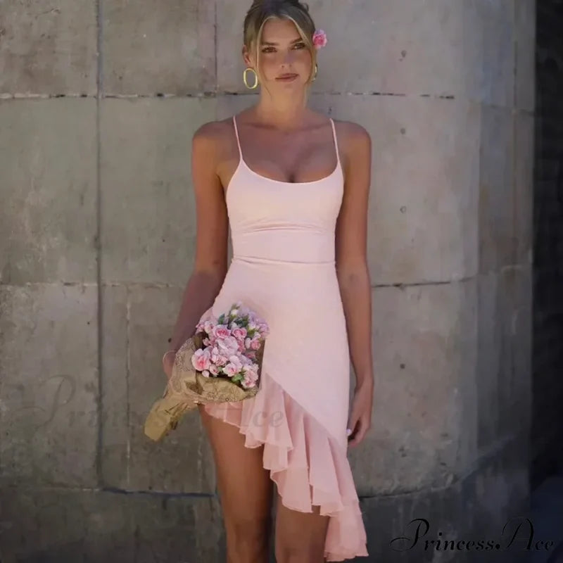 Pink Asymmetric Frill Charming Trim Cami Mini Dress