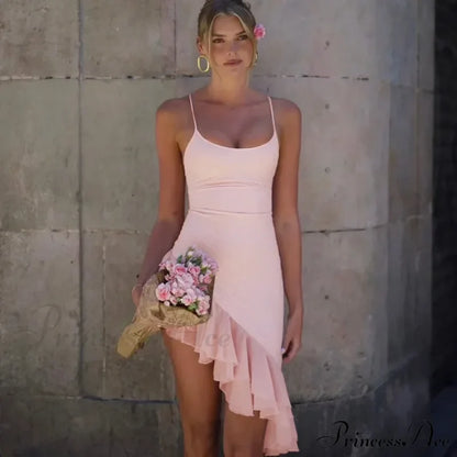 Pink Asymmetric Frill Charming Trim Cami Mini Dress