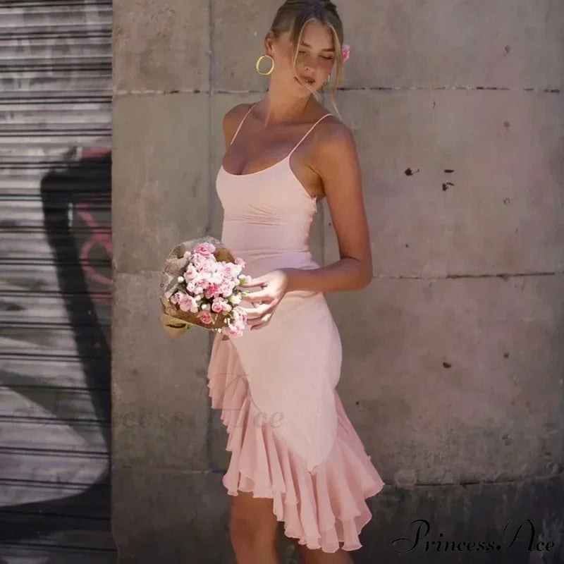 Pink Asymmetric Frill Charming Trim Cami Mini Dress