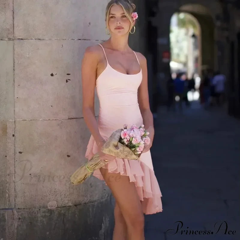 Pink Asymmetric Frill Charming Trim Cami Mini Dress