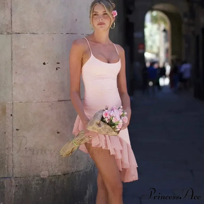Pink Asymmetric Frill Charming Trim Cami Mini Dress