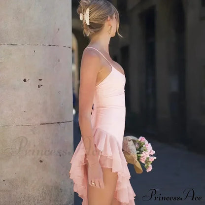 Pink Asymmetric Frill Charming Trim Cami Mini Dress