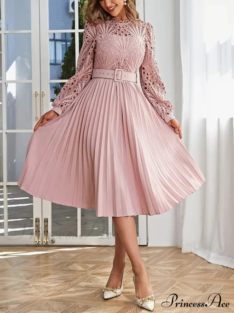 Pink Lace Pleated Party Dress With Belt S / Pink Long Sleeve Party Dress