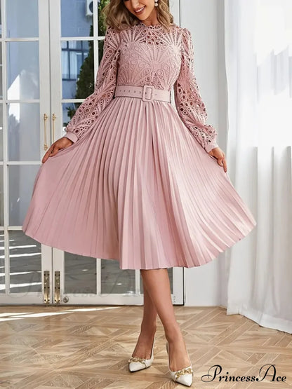 Pink Lace Pleated Party Dress With Belt S / Pink Long Sleeve Party Dress