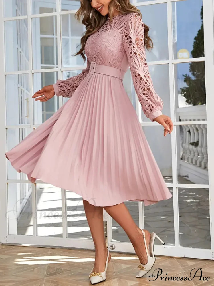 Pink Lace Pleated Party Dress With Belt S / White Pink Long Sleeve Party Dress