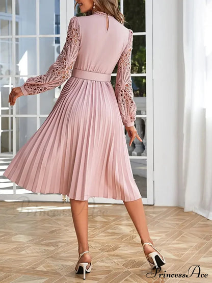 Pink Lace Pleated Party Dress With Belt M / Pink Long Sleeve Party Dress