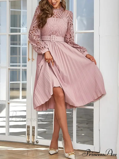 Pink Lace Pleated Party Dress With Belt M / White Pink Long Sleeve Party Dress