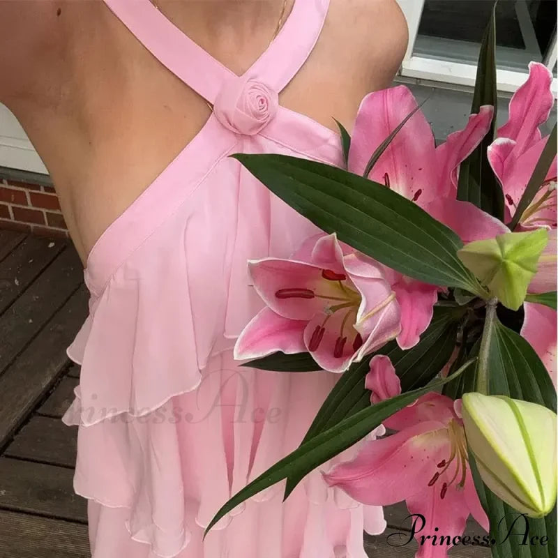 Pink Pleated Stylish Halter Maxi Dress Layered Ruffles Long