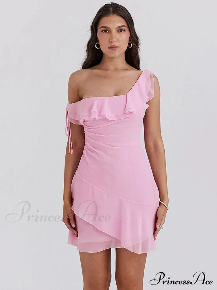 Pink Ruffled Stylish Shoulder Mini Dress Dress