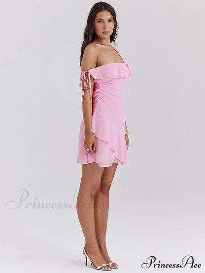 Pink Ruffled Stylish Shoulder Mini Dress Dress
