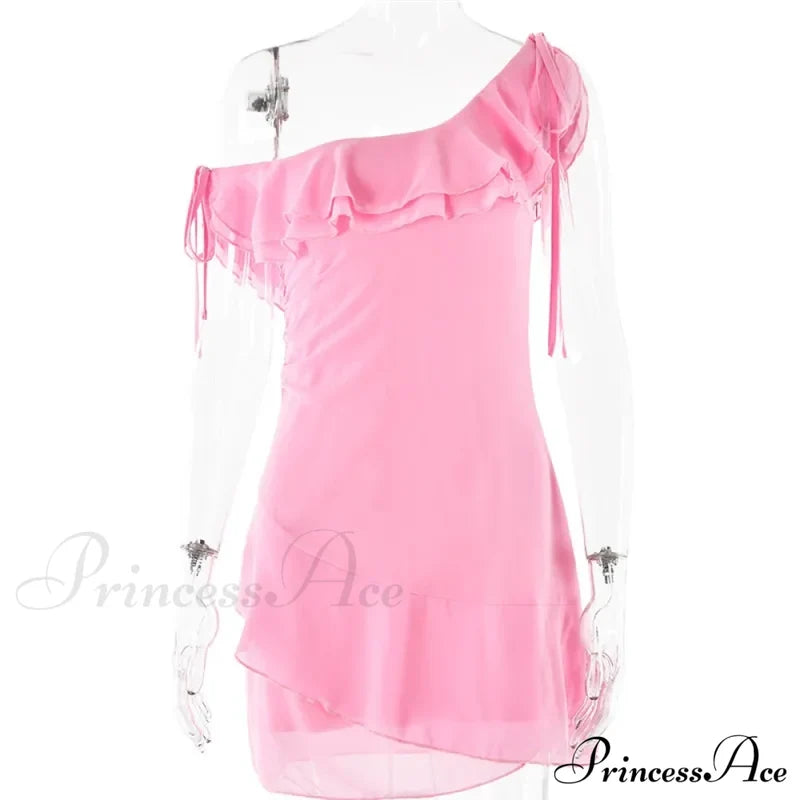 Pink Ruffled Stylish Shoulder Mini Dress Dress
