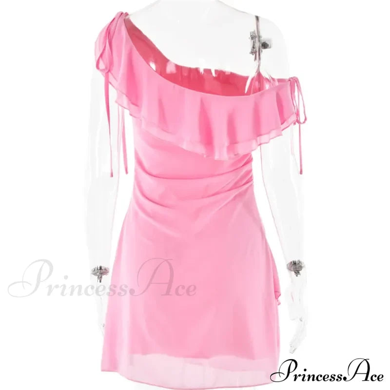 Pink Ruffled Stylish Shoulder Mini Dress Dress