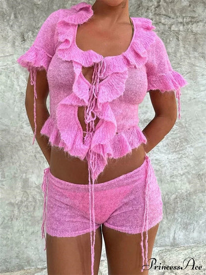 Pink Ruffles Sheer Charming Top And Shorts Set