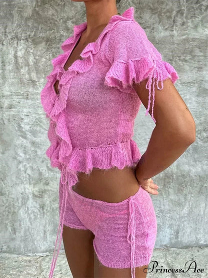 Pink Ruffles Sheer Charming Top And Shorts Set