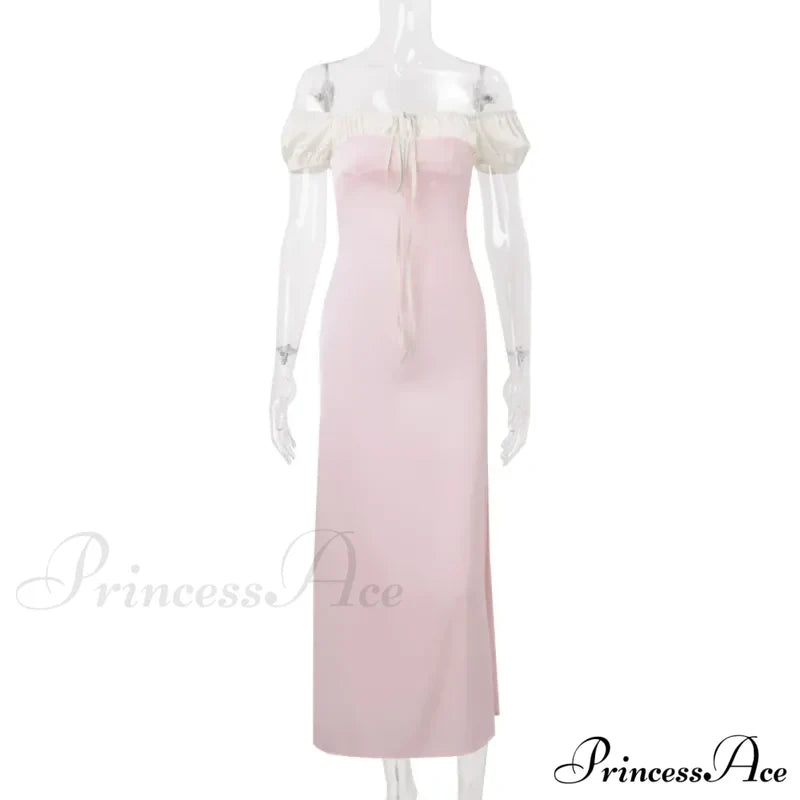 Pink Satin Ruched Charming Contrast Sleeve Dress