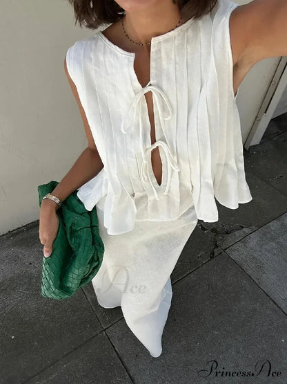 Pleated Tie Up Sleeveless Graceful Top And Midi Skirt Set Long 2 Pieces