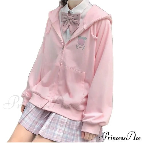Plus Hoodie Design Women Fruit Sweatshirt Harajuku Loose Thin Zipper Sweet Pink Pocket Cute Size